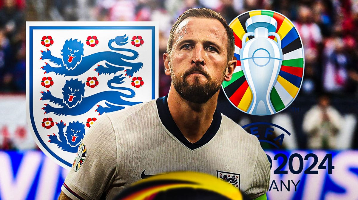 Harry Kane in front of the England team and Euro 2024 logos