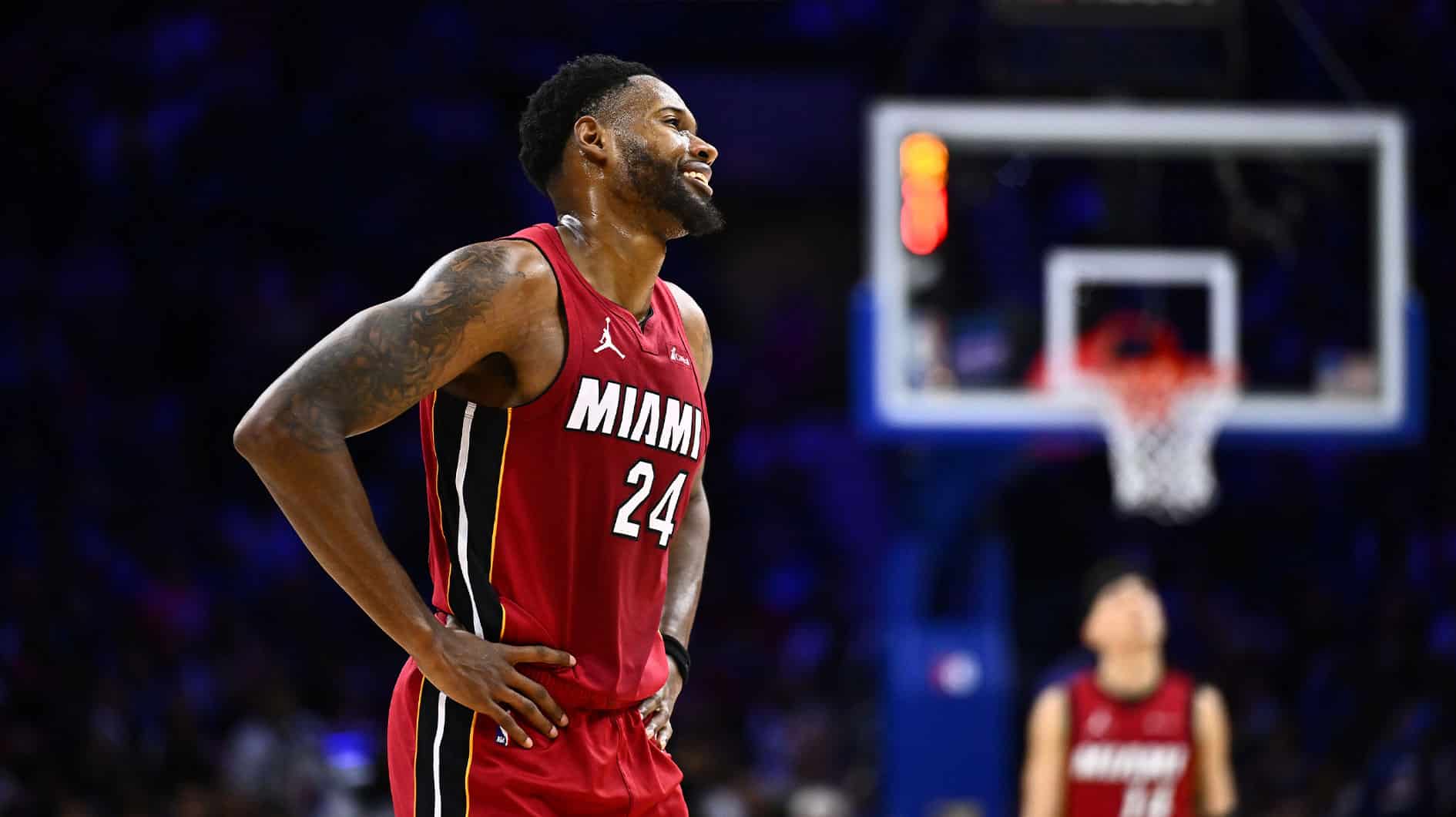 Miami Heat forward Haywood Highsmith (24) reacts against the Philadelphia 76ers in the second quarter at Wells Fargo Center.