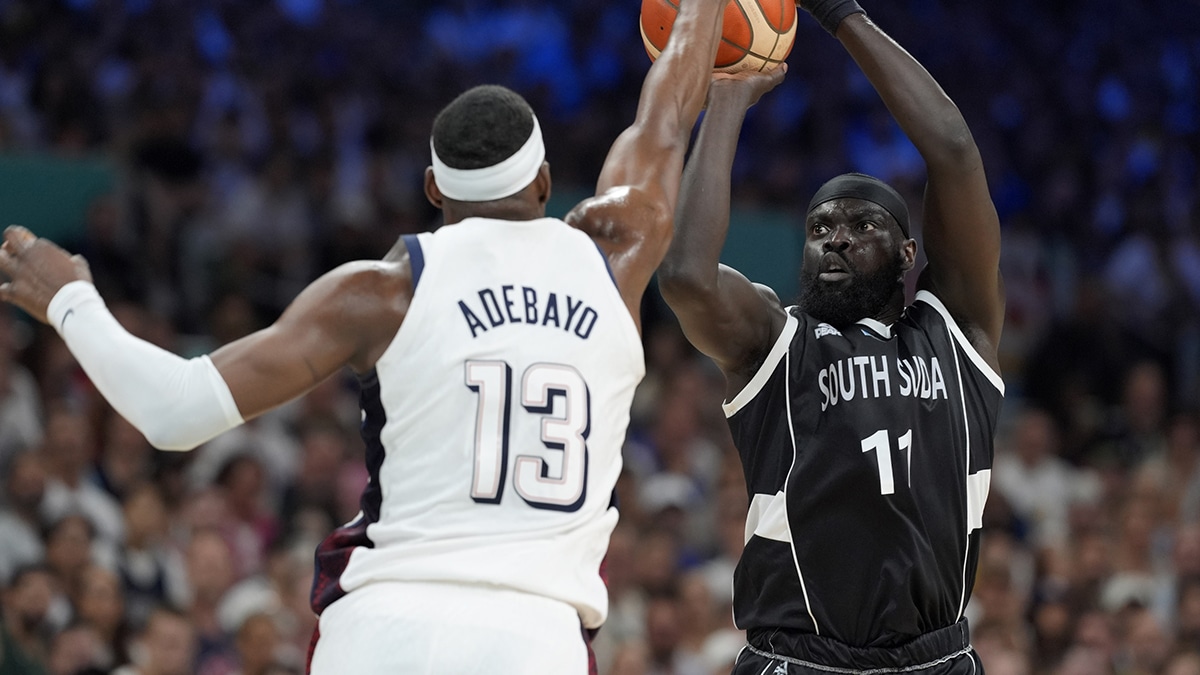South Sudan point guard Marial Shayok (11) shoots against United States center Bam Adebayo (13) in the second quarter during the Paris 2024 Olympic Summer Games