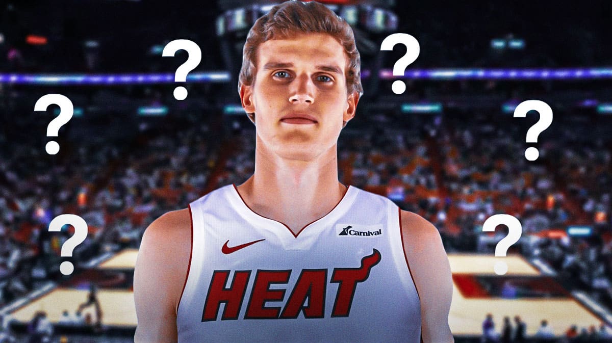 Utah Jazz star Lauri Markkanen in a Miami Heat jersey in front of Kaseya Center.