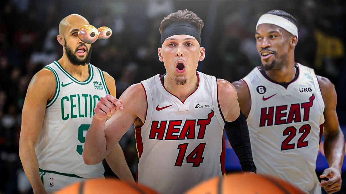 Tyler Herro on one side, Jimmy Butler and Derrick White on the other side with the big eyes emoji over their faces