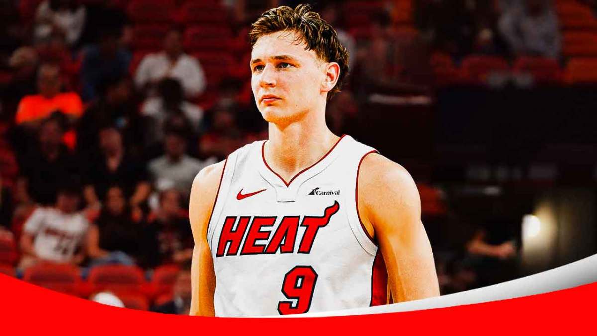 Miami Heat rookie Pelle Larsson in front of Kaseya Center.