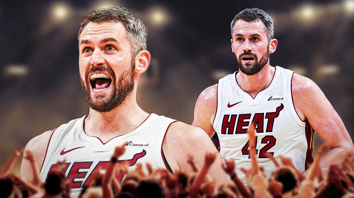 Miami Heat star Kevin Love in front of the Kaseya Center.
