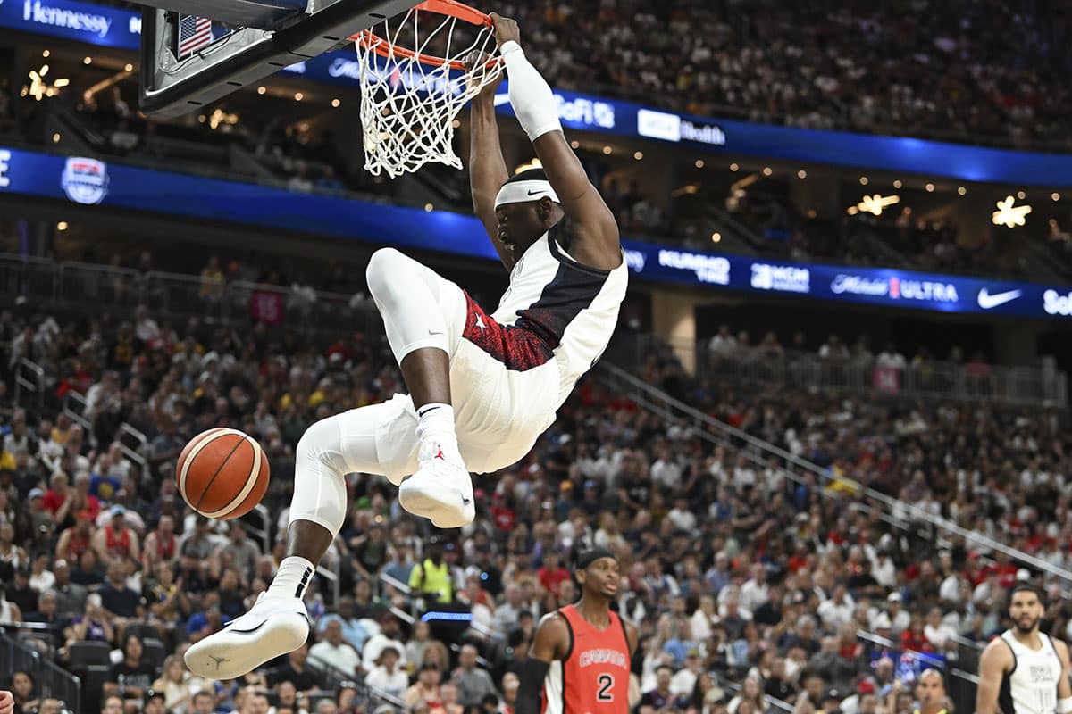 USA forward Bam Adebayo (13) dunks on Canada in the first quarter of the USA Basketball Showcase at T-Mobile Arena. 