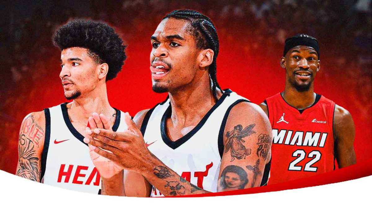 Heat's Kel'el Ware and Josh Christopher hyped up, with Jimmy Butler smiling at the two