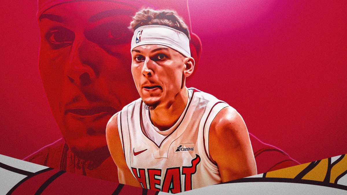 Miami Heat star Tyler Herro in front of Kaseya Center.