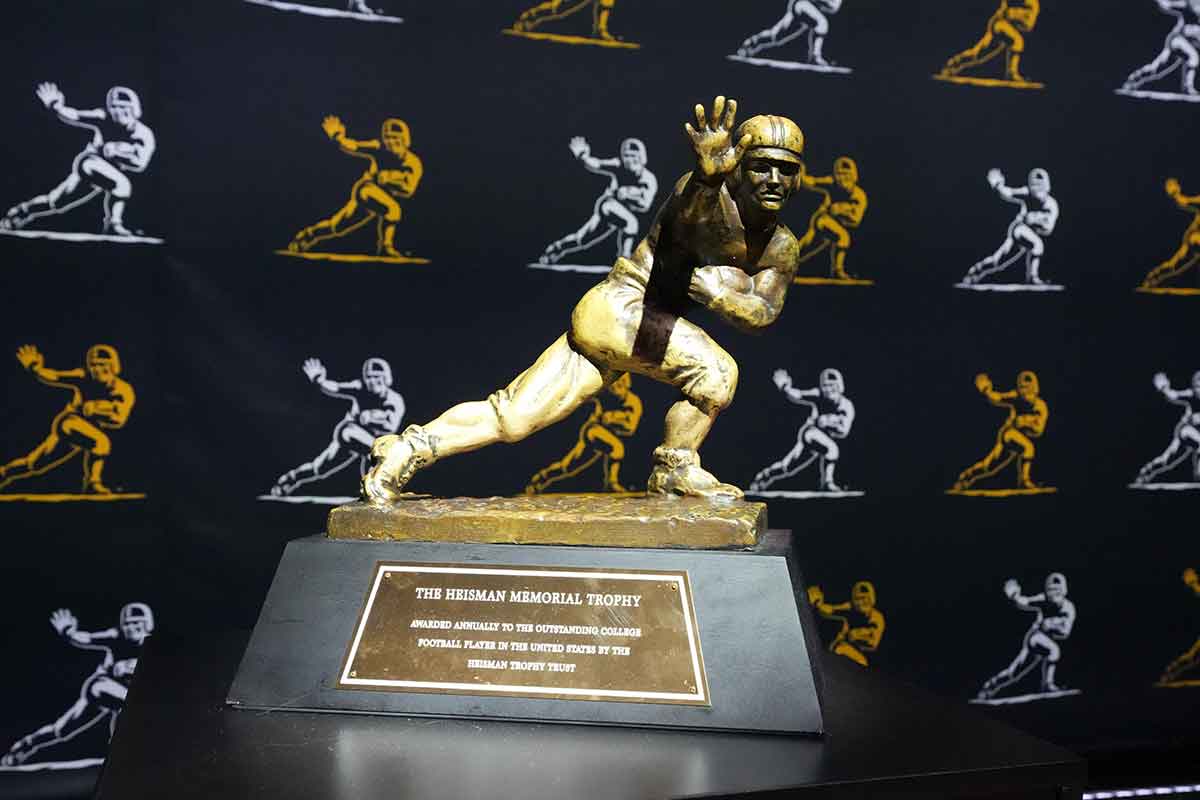 A Heisman Trophy at the College Football Playoff Fan Central at the George R. Brown Convention Center.