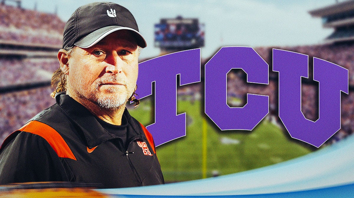 TCU Horned Frogs logo on left side, former University of Houston football head coach Dana Holgorsen on right side, Amon G. Carter Stadium (home stadium of TCU football) in background