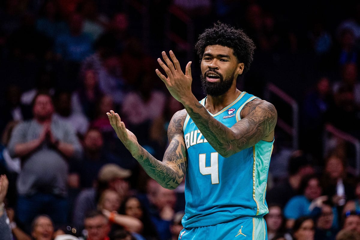 Charlotte Hornets center Nick Richards (4) reacts to the call during the third quarter against the Oklahoma City Thunder at Spectrum Center. 
