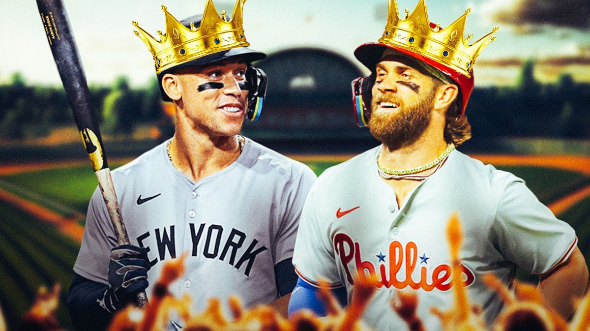 Aaron Judge and Bryce Harper wearing crowns