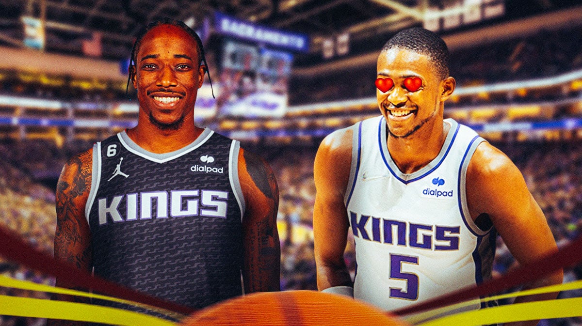 DeMar DeRozan with Kings jersey, while De'Aaron Fox is smiling