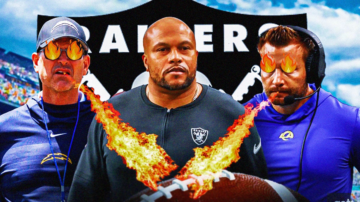 Las Vegas Raiders head coach Antonio Pierce with Los Angeles Chargers coach Jim Harbaugh and Rams head coach Sean McVay. Harbaugh and McVay have fire emojis over their eyes and are breathing fire on Pierce. There is also a logo for the Las Vegas Raiders.