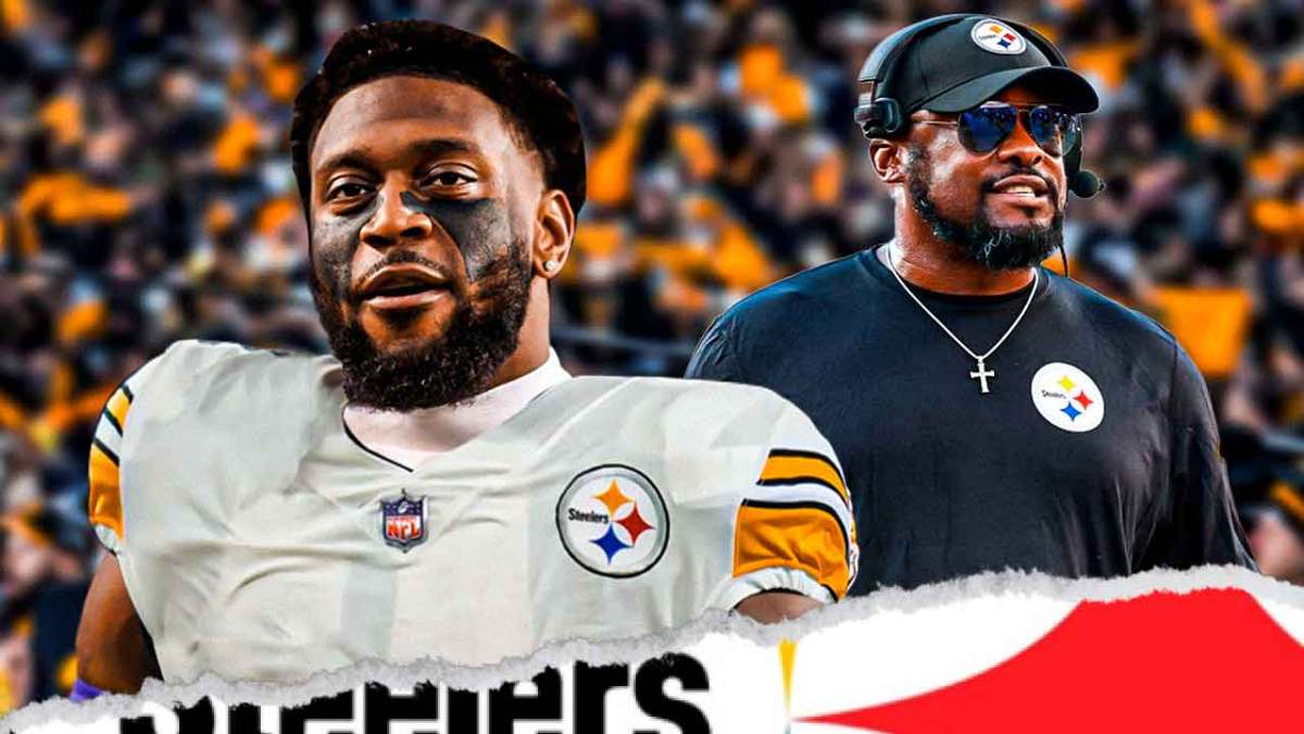 Steelers' Patrick Queen, with Mike Tomlin and Steeler fans in background.