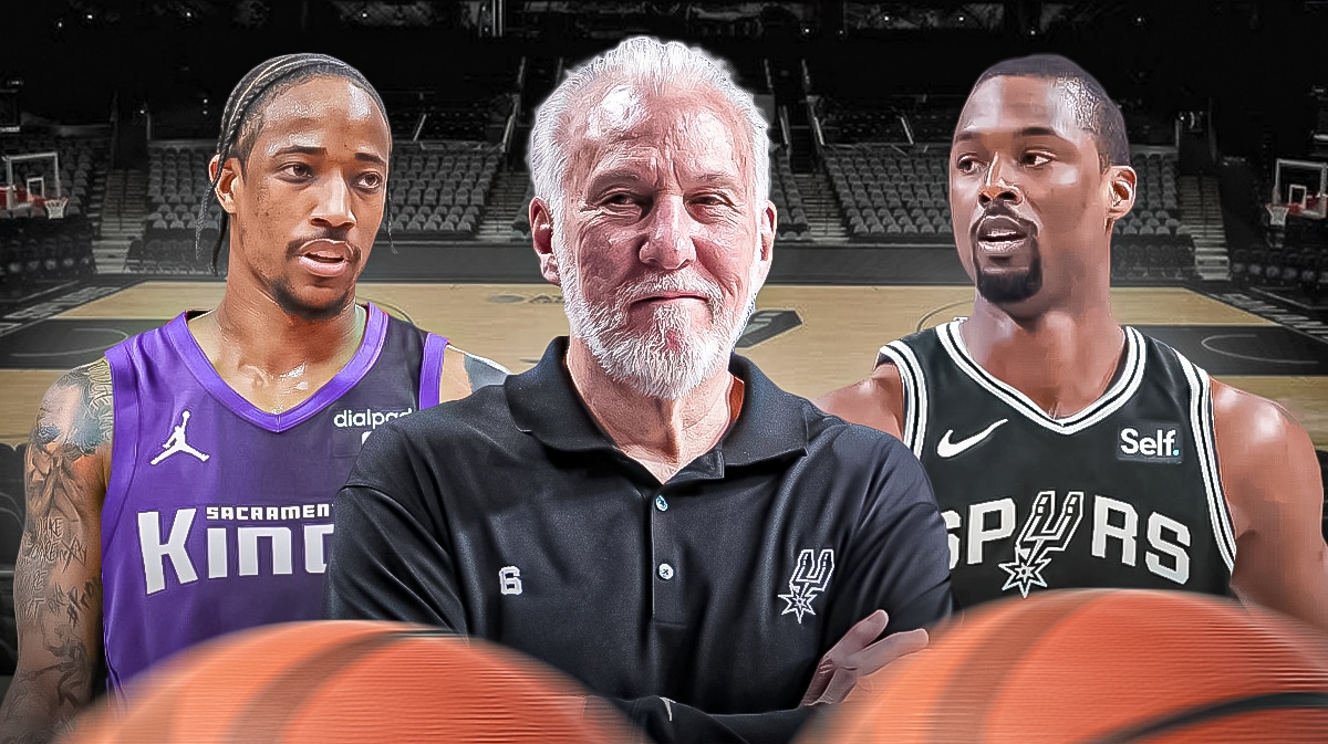 Spurs Gregg Popovich next to Kings DeMar DeRozan and Harrison Barnes