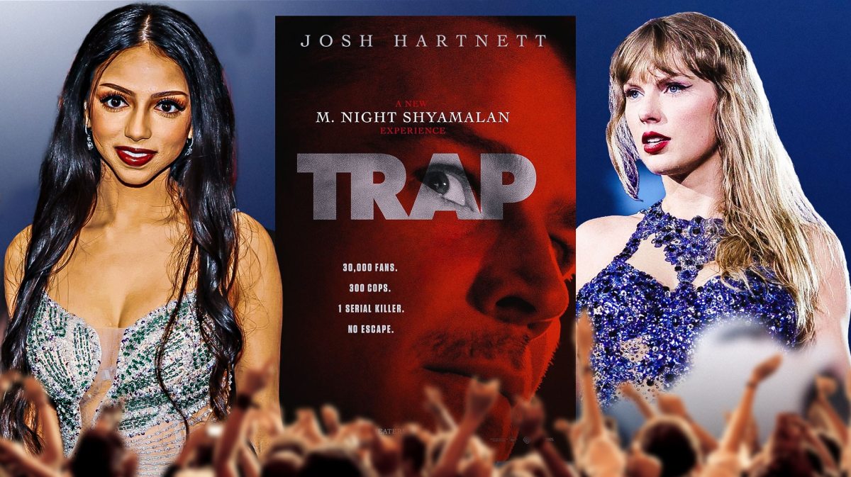 Saleka Night Shyamalan and Taylor Swift with Trap movie poster.