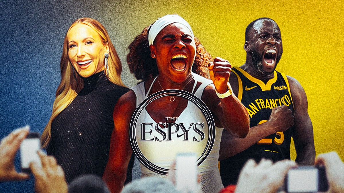 In the middle is Serena Williams. Around her are Nikki Glaser and Draymond Green. ESPYS logo front and center.