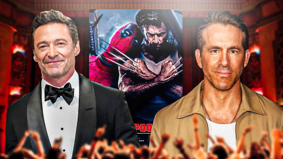 Hugh Jackman and Ryan Reynolds with Deadpool and Wolverine poster.