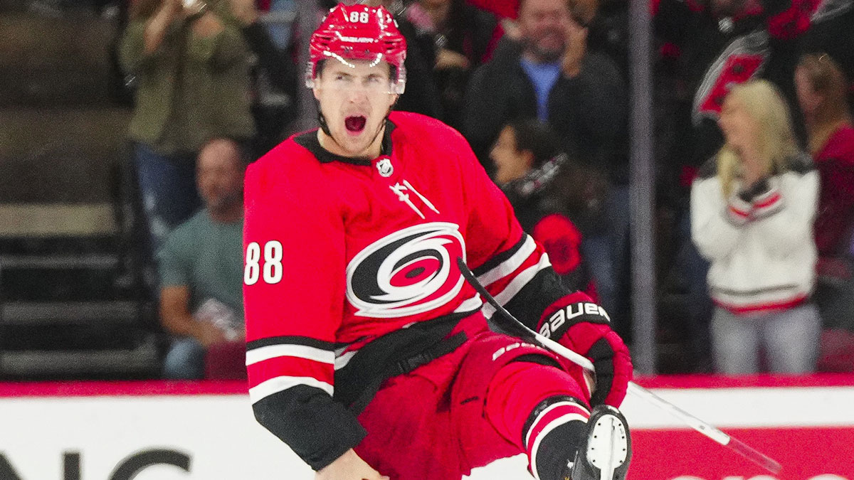 Carolina Hurricanes center Martin Necas (88) celebrates his game winning goal in the overtime against the Seattle Kraken at PNC Arena.