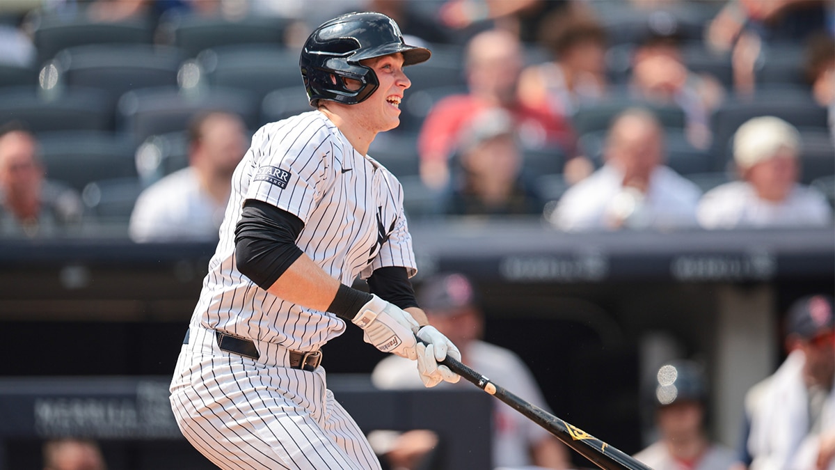 New York Yankees first baseman Ben Rice (93) looks up at his third home run of the game, a three run home run during the seventh inning against the Boston Red Sox at Yankee Stadium.