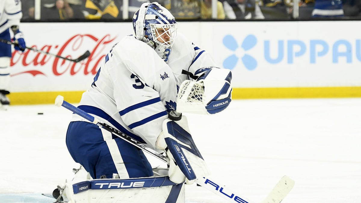 Toronto Maple Leafs goaltender Ilya Samsonov (35) makes a save during warmups prior to game seven of the first round of the 2024 Stanley Cup Playoffs against the Boston Bruins at TD Garden.