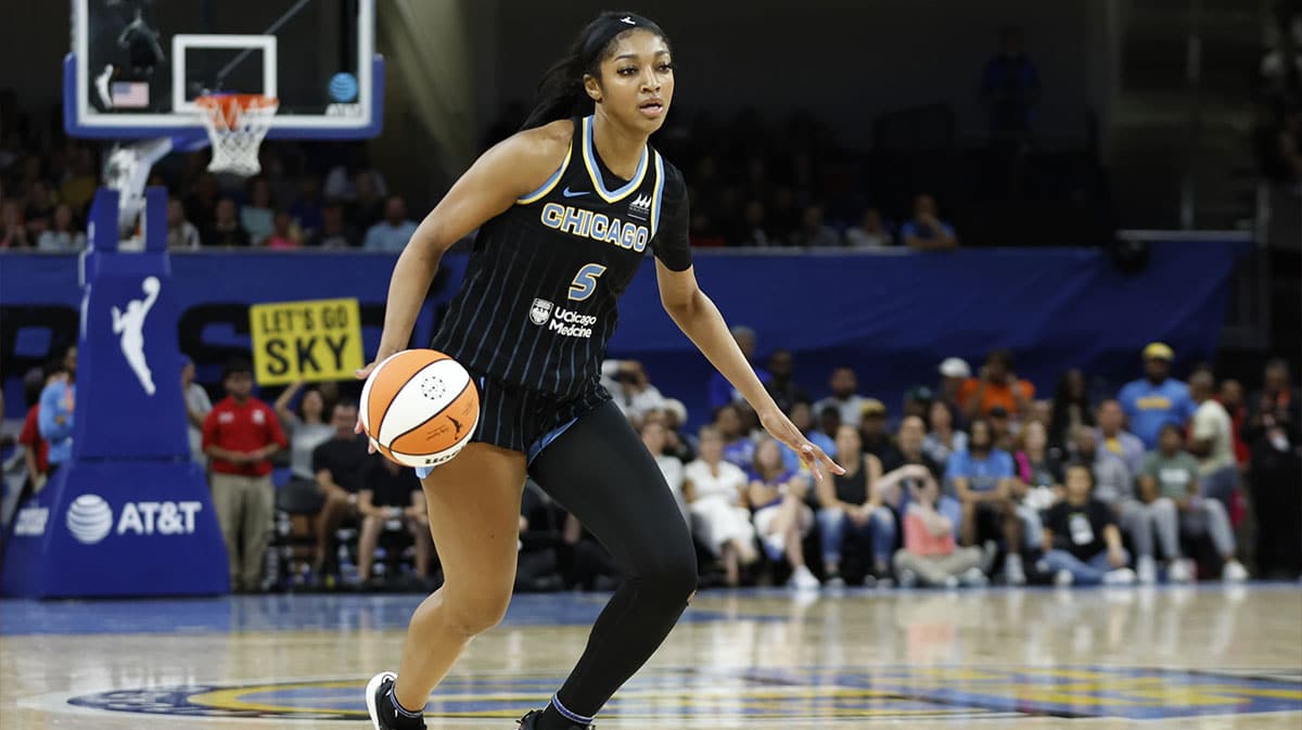 Chicago Sky forward Angel Reese (5) drives to the basket against the Indiana Fever during the second half of a basketball game at Wintrust Arena.