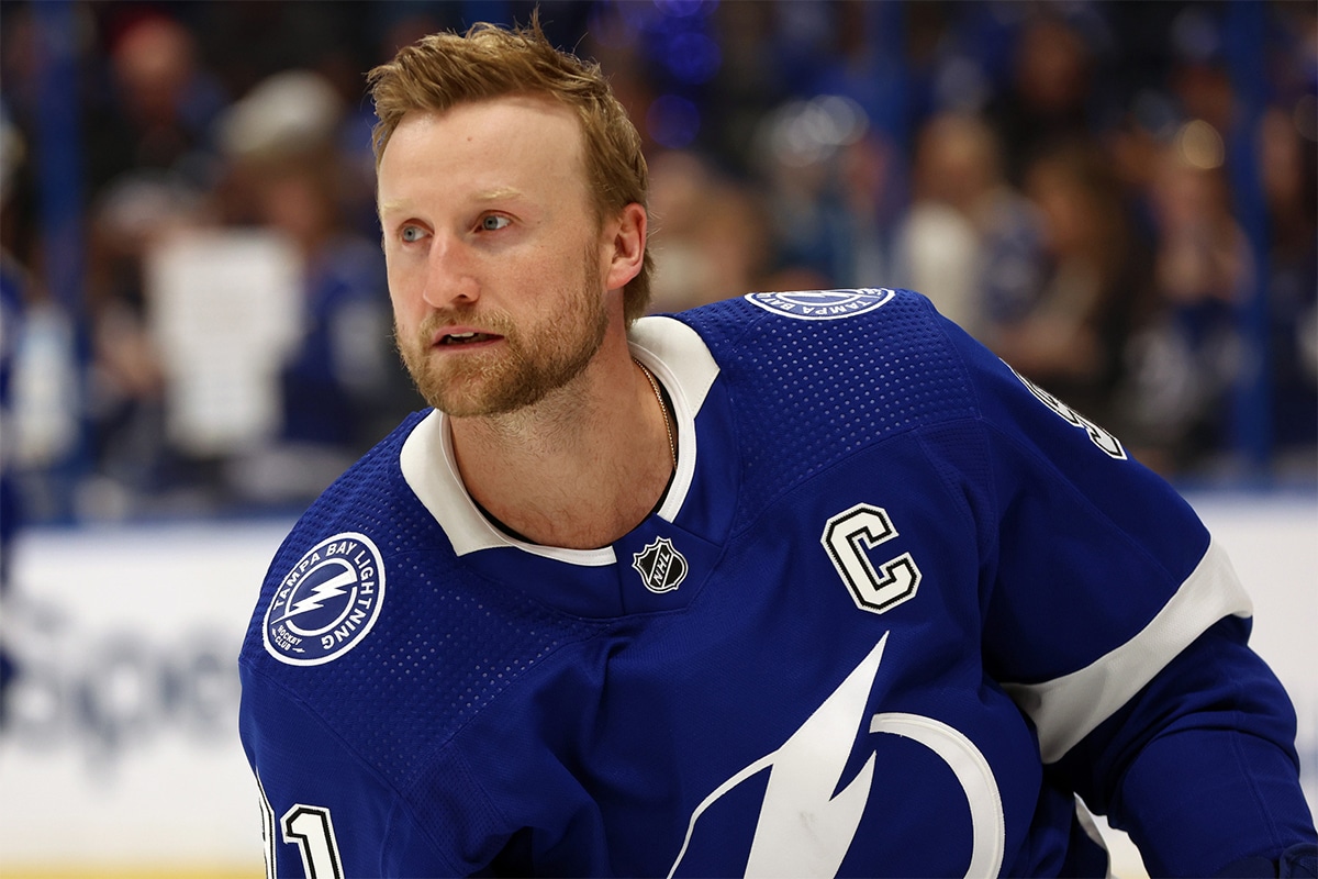 Tampa Bay Lightning center Steven Stamkos (91) warms up against the Florida Panthers in game four of the first round of the 2024 Stanley Cup Playoffs at Amalie Arena.