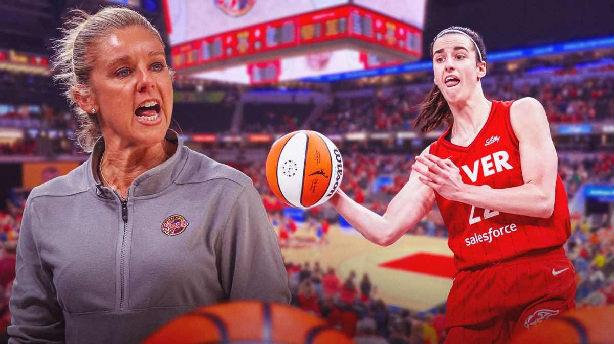 Christie Sides coaching on one side and Caitlin Clark on the other side passing