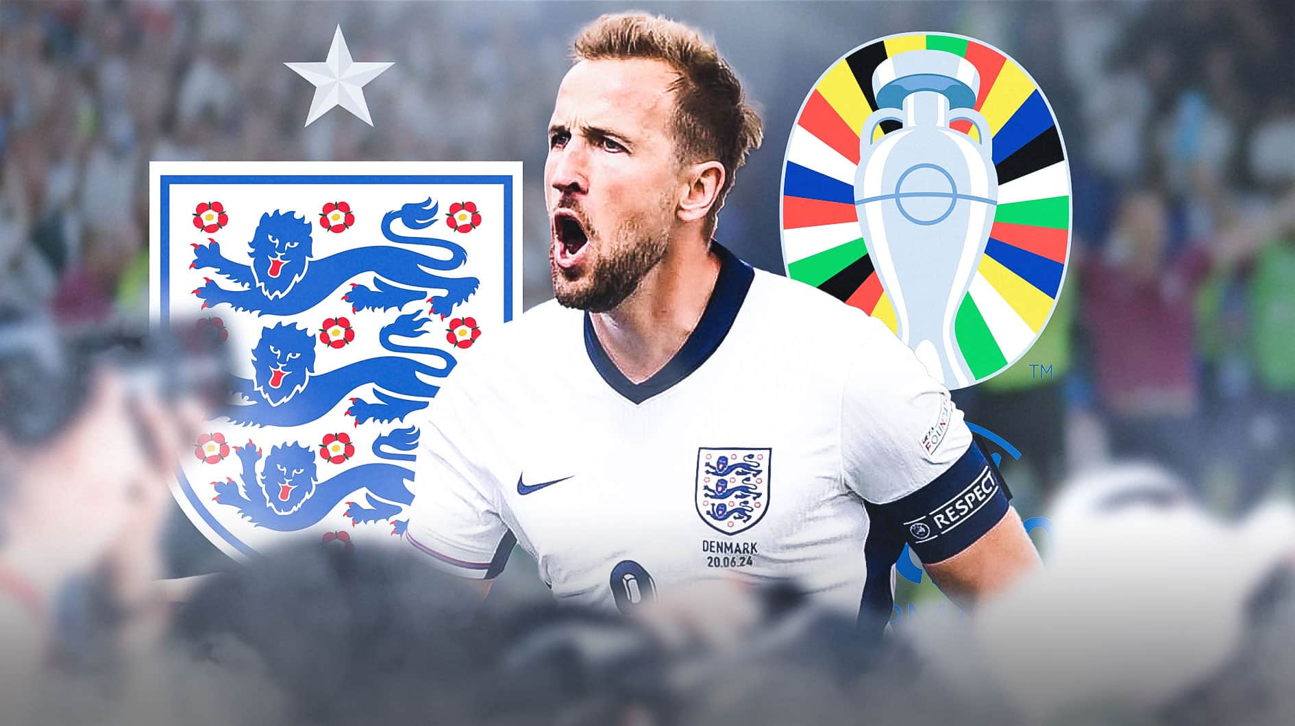 Harry Kane shouting in front of the England team and Euro 2024 logos