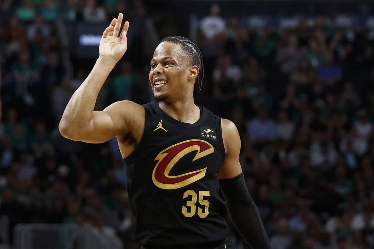 May 7, 2024; Boston, Massachusetts, USA; Cleveland Cavaliers forward Isaac Okoro (35) grimaces after missing a shot against the Boston Celtics during the second quarter of game one of the second round of the 2024 NBA playoffs at TD Garden.