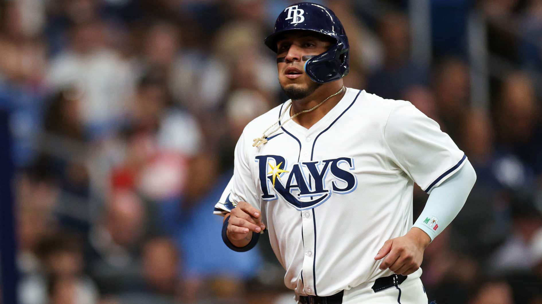 Tampa Bay Rays third baseman Isaac Paredes (17) scores a run against the New York Yankees in the third inning at Tropicana Field.