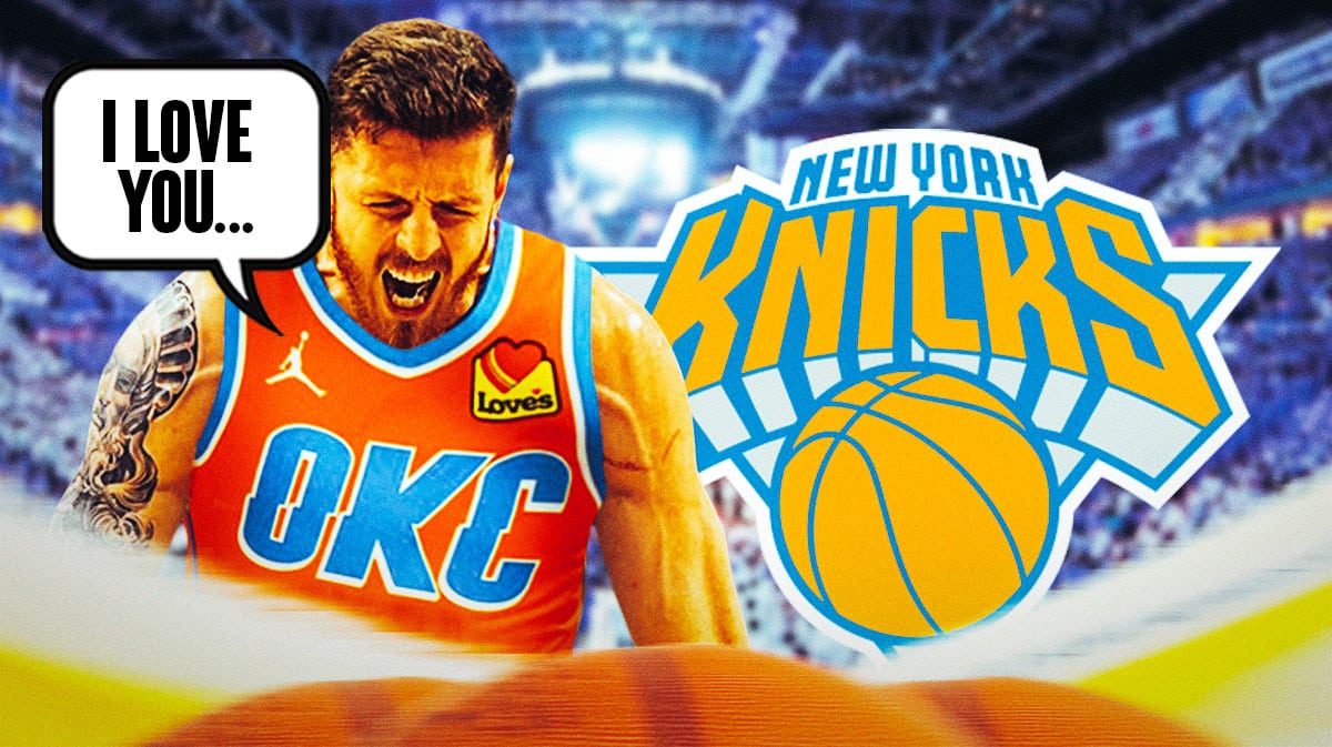 Isaiah Hartenstein cries next to Knicks logo and says "I love you..." while wearing OKC Thunder jersey