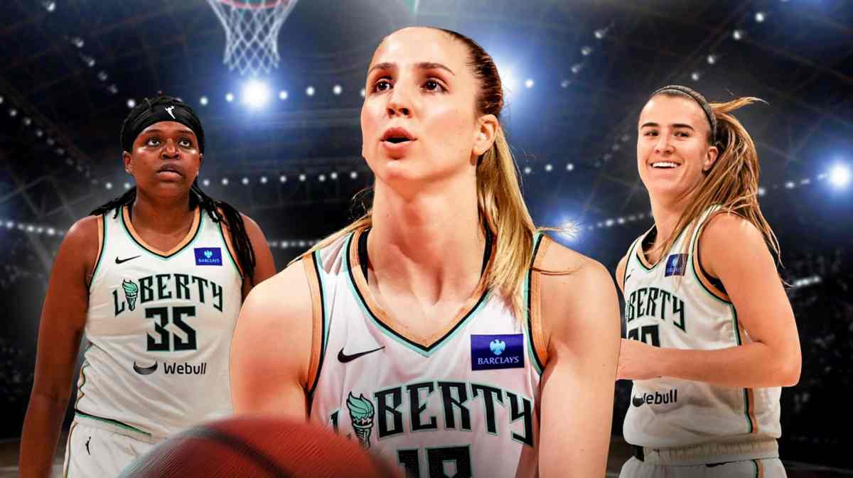 Image: Ivana Dojkic (Liberty) in foreground, Sabrina Ionescu and Jonquel Jones (Liberty) behind her. Can go with generic background or Chicago Sky home court.