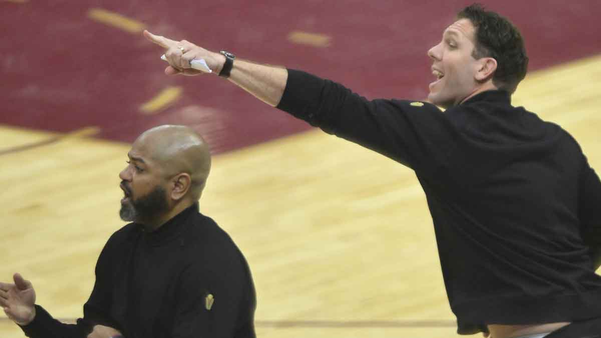 Cleveland Cavaliers head coach J. B. Bickerstaff and assistant coach Luke Walton react in the third quarter of game four of the second round for the 2024 NBA playoffs against the Boston Celtics at Rocket Mortgage FieldHouse. 