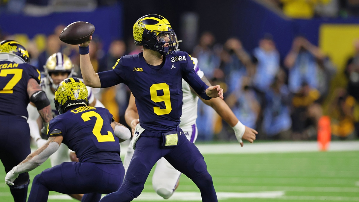  Michigan Wolverines quarterback J.J. McCarthy (9) passes the ball against the Washington Huskies during the third quarter in the 2024 College Football Playoff national championship game at NRG Stadium.