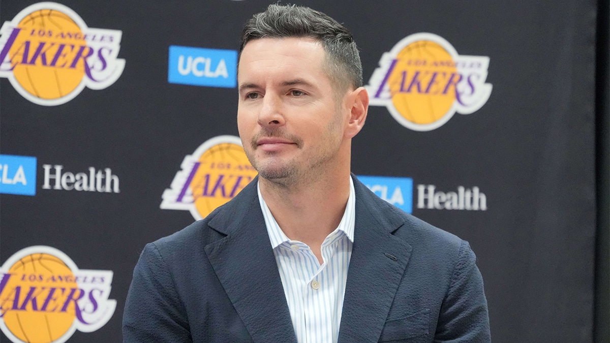 Los Angeles Lakers coach JJ Redick at a press conference at the UCLA Health Training Center. 