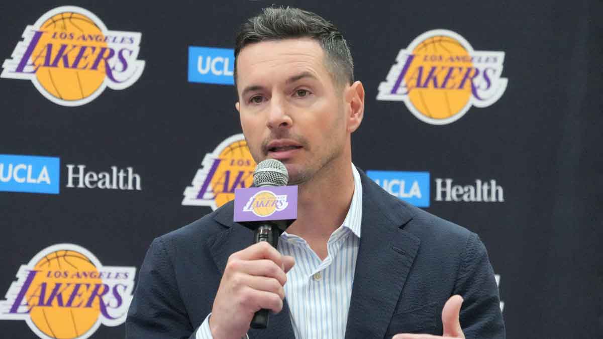 Los Angeles Lakers coach JJ Redick at a press conference at the UCLA Health Training Center. 