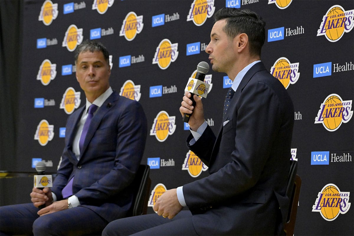  Los Angeles Lakers general manager Rob Pelinka looks on as head coach JJ Redick speaks to the media during an introductory news conference at the UCLA Health Training Center.