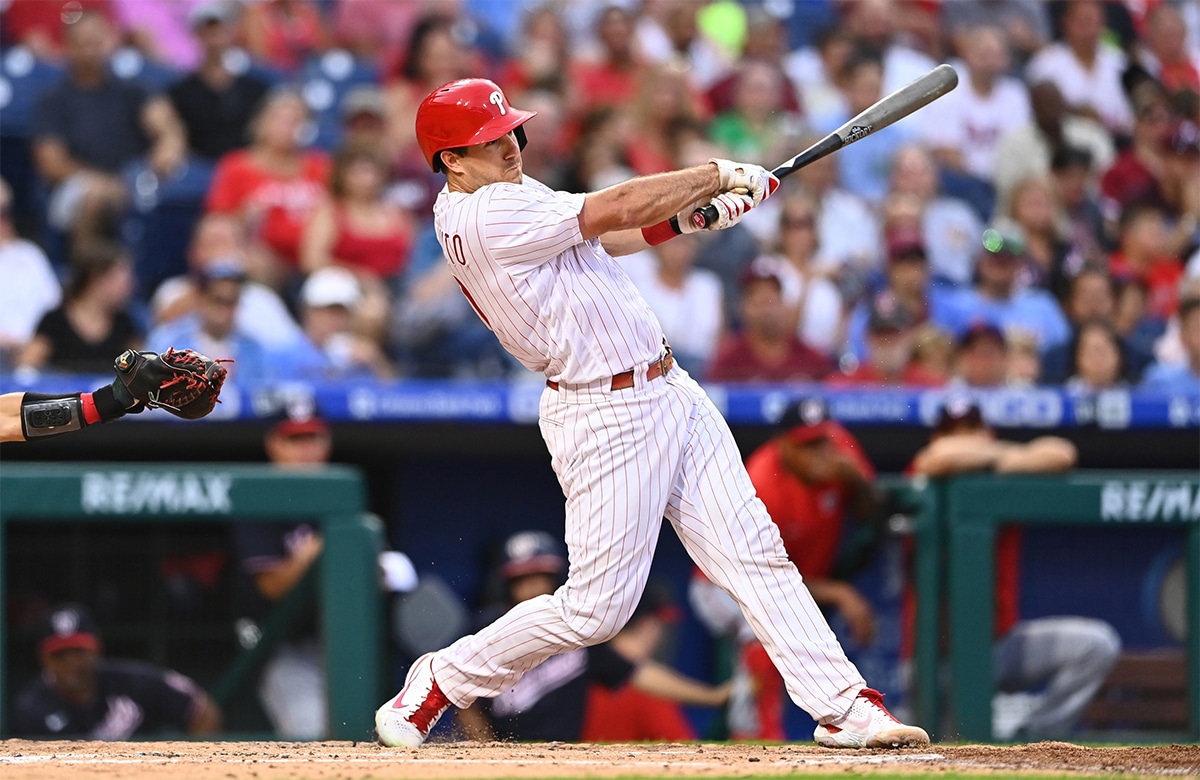 Philadelphia Phillies catcher JT Realmuto (10) hits an RBI triple against the Washington Nationals in the second inning at Citizens Bank Park.