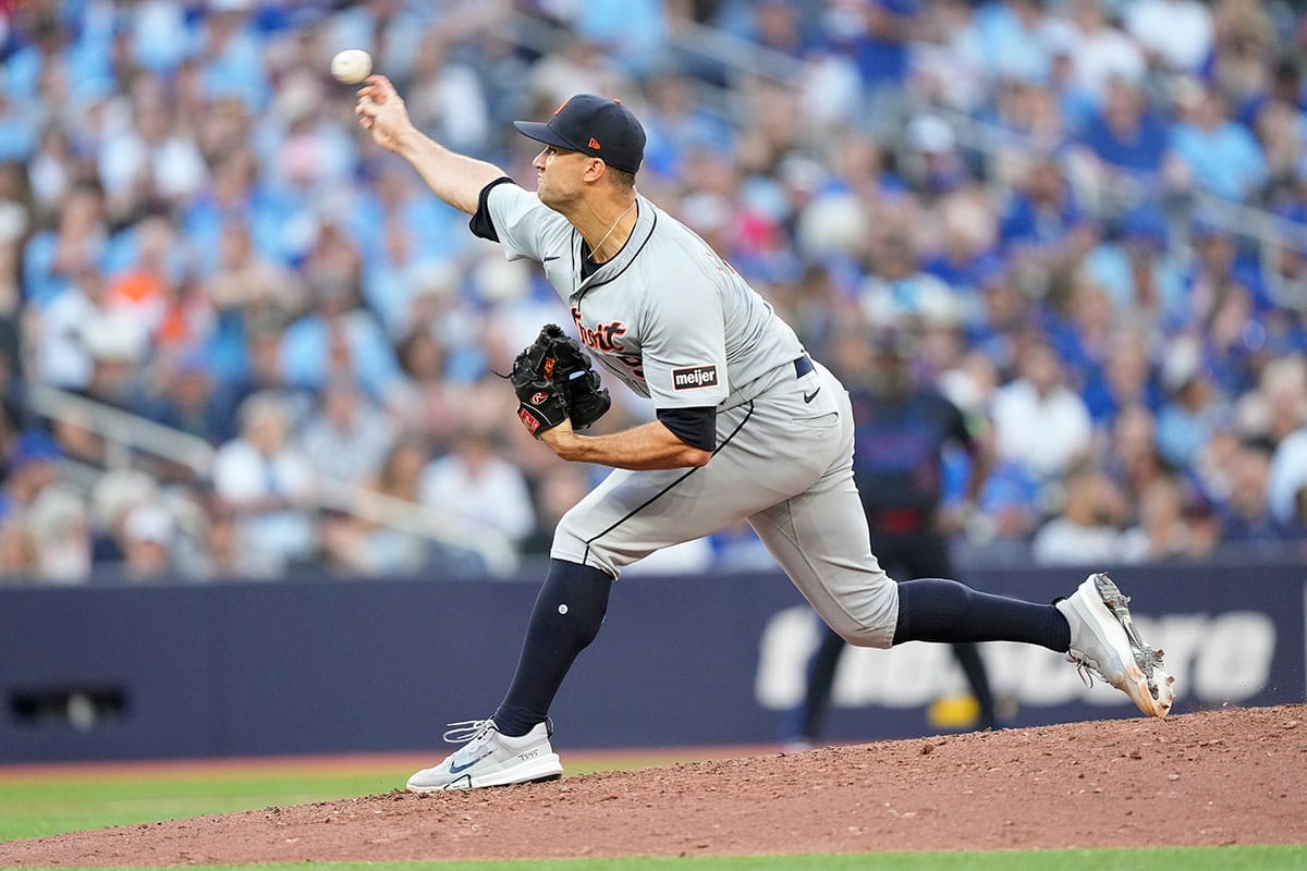 Detroit Tigers starting pitcher Jack Flaherty (9) pitches to the Toronto Blue Jays during the third inning at Rogers Centre