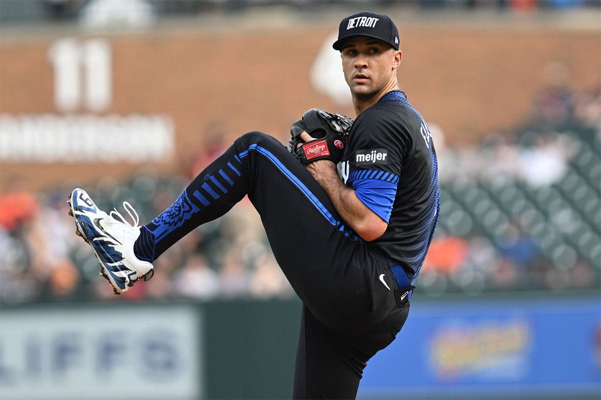Jun 21, 2024; Detroit, Michigan, USA; Detroit Tigers starting pitcher Jack Flaherty (9) throws a pitch against the Chicago White Sox in the first inning at Comerica Park. 