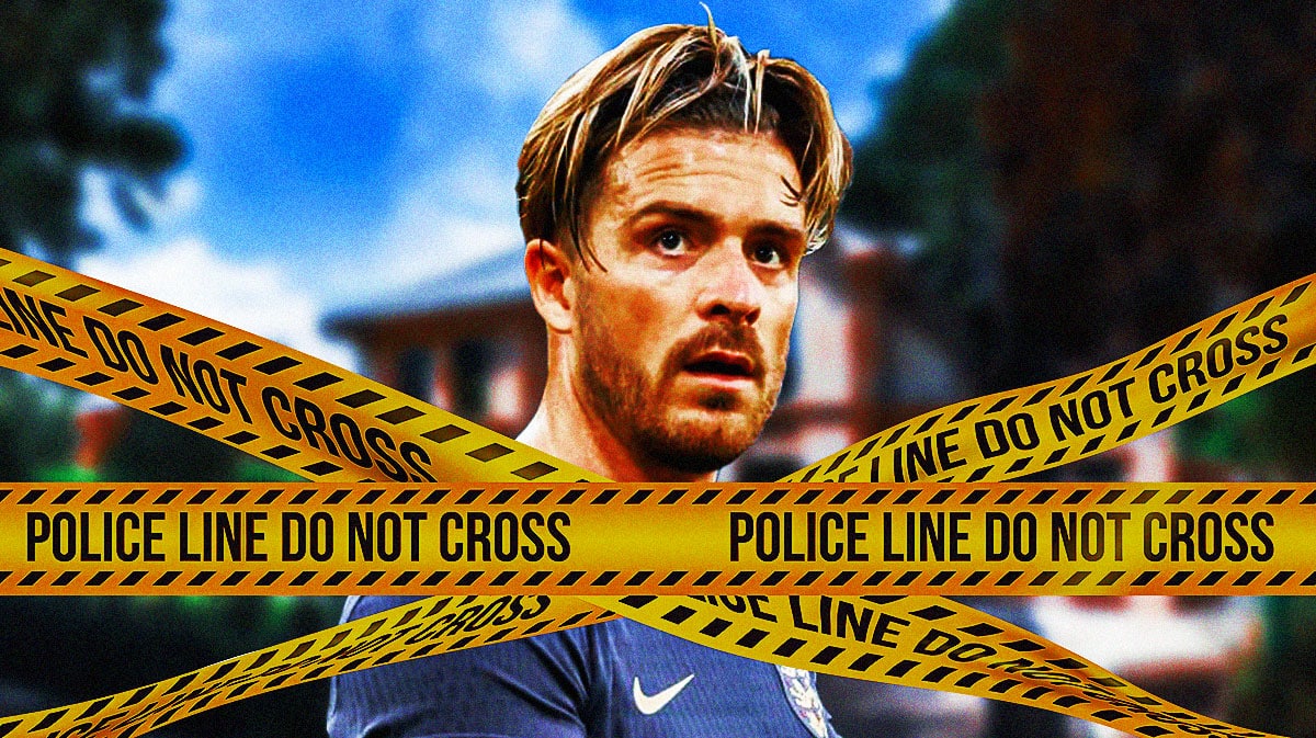 Jack Grealish in front of his Cheshire home with police lines in front of him