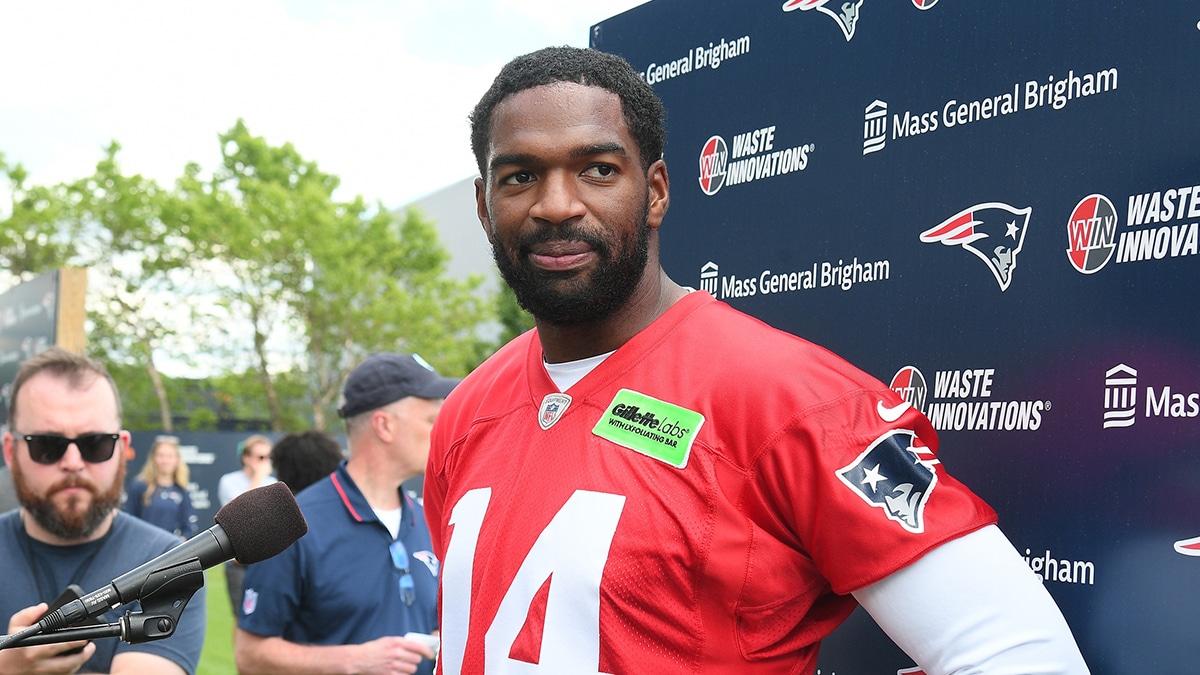 New England Patriots quarterback Jacoby Brissett (14) holds a press conference after minicamp at Gillette Stadium.