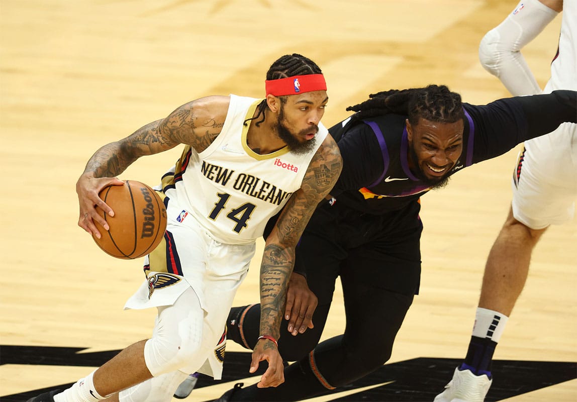 New Orleans Pelicans forward (14) drives to the basket against Phoenix Suns forward Jae Crowder (99) in the first half during game five of the first round for the 2022 NBA playoffs at Footprint Center.