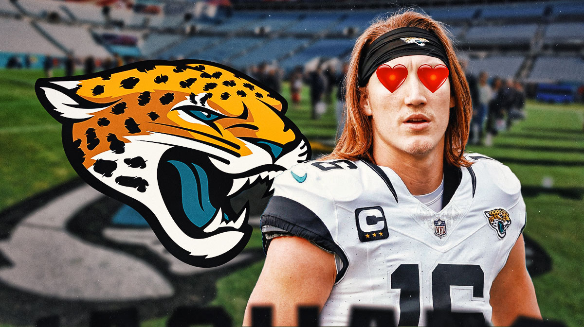 Jaguars Trevor Lawrence with hearts in his eyes next to a Jaguars logo at EverBank Stadium