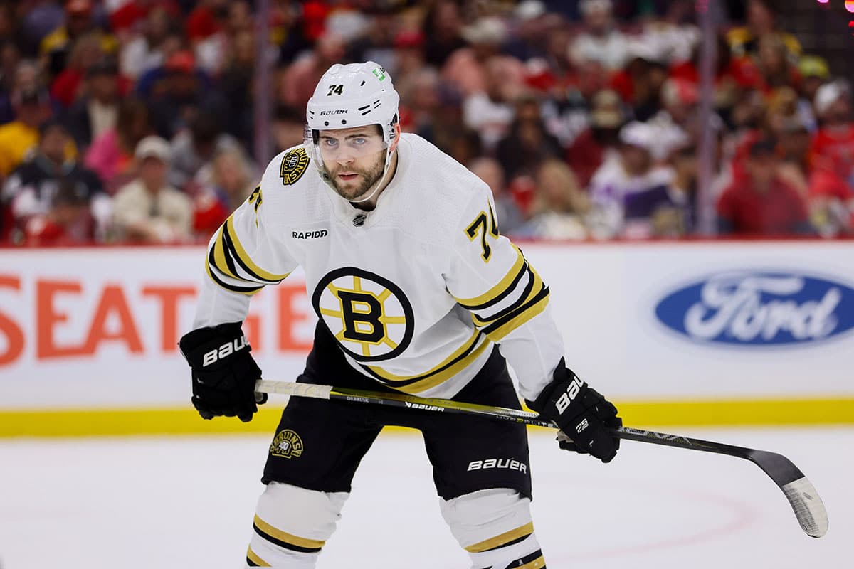 Boston Bruins left wing Jake DeBrusk (74) looks on against the Florida Panthers during the first period in game five of the second round of the 2024 Stanley Cup Playoffs at Amerant Bank Arena.