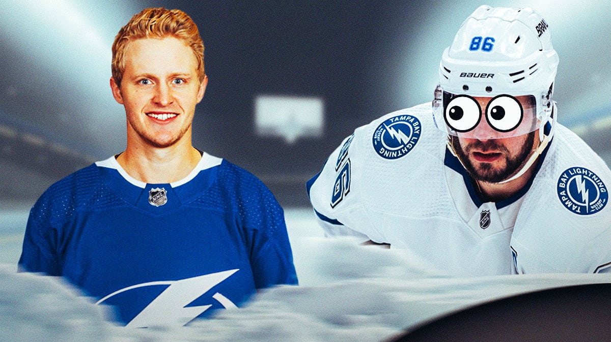 Jake Guentzel in a Lightning uniform. Nikita Kucherov with big eye emojis