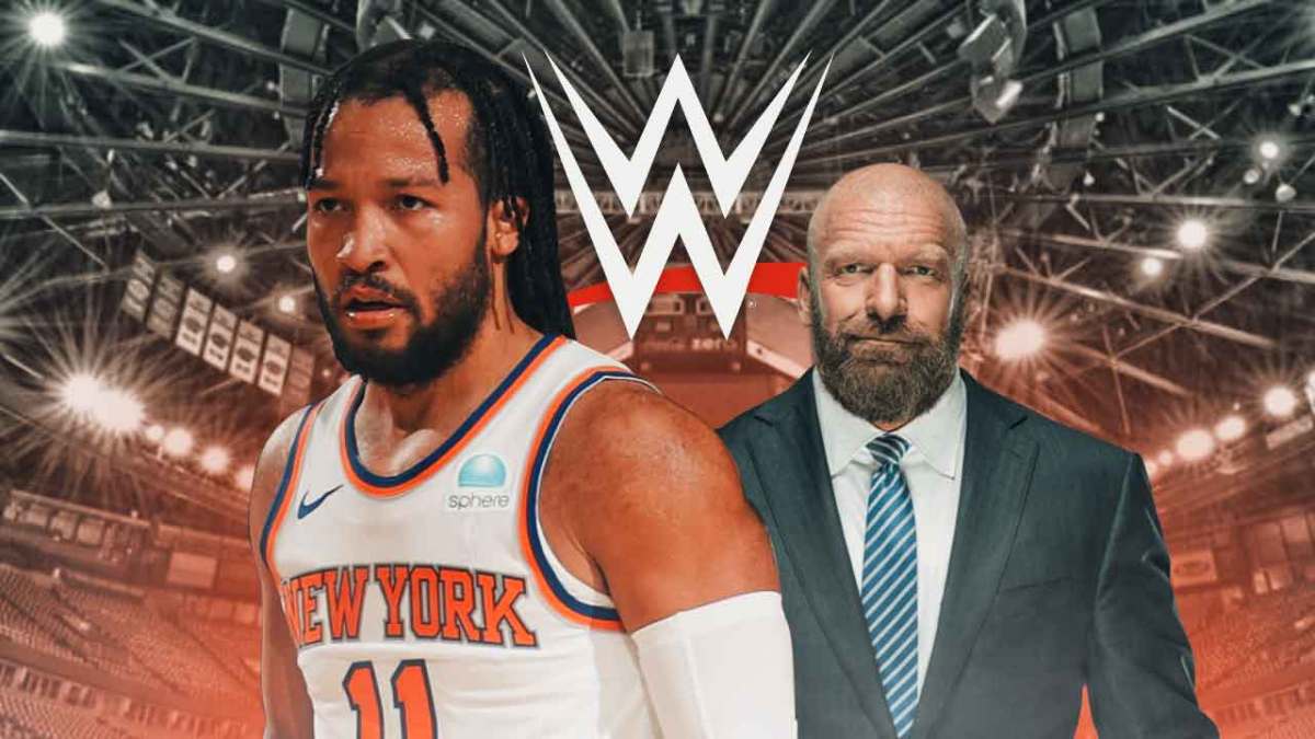 Jalen Brunson next to Triple H in Madison Square Garden with the WWE logo in the background.