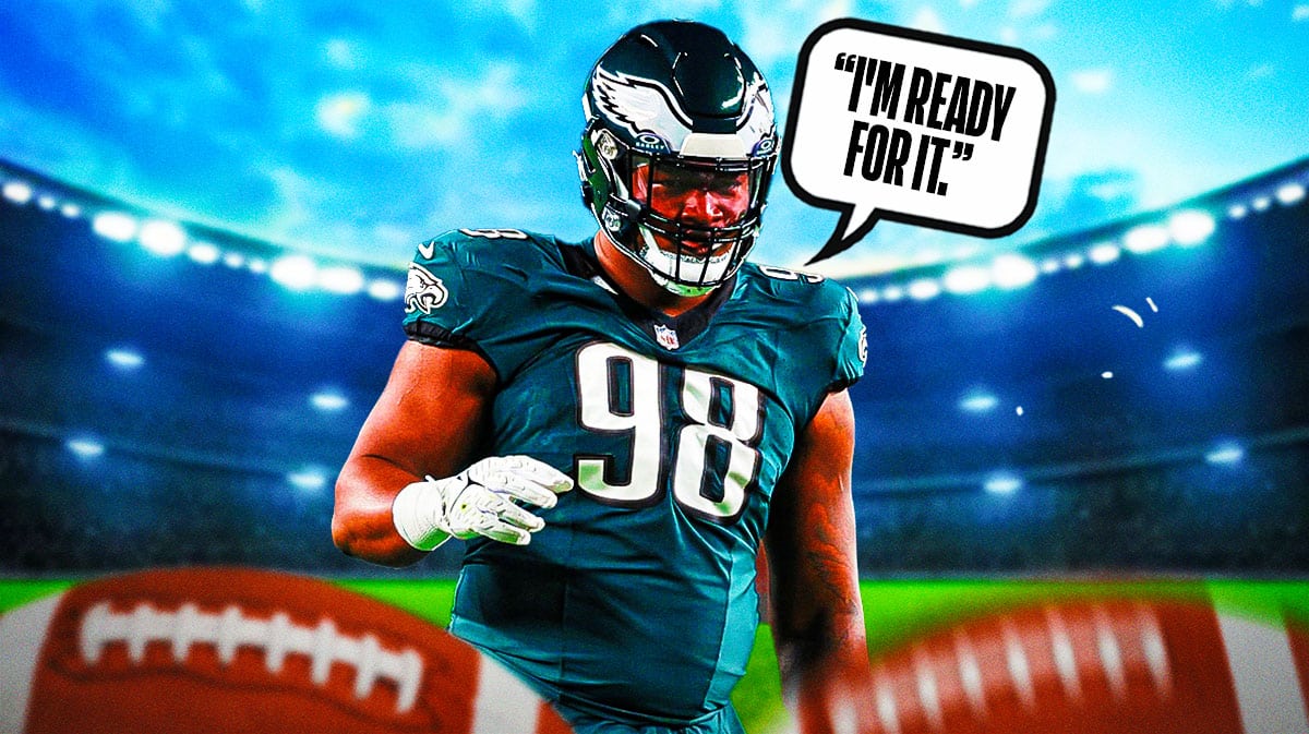 Philadelphia Eagles defensive tackle Jalen Carter with a speech bubble that says “I'm ready for it.” There is also a logo for the Philadelphia Eagles.