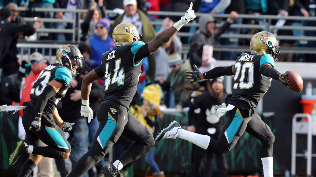 Jacksonville Jaguars cornerback Jalen Ramsey (20) celebrates as he intercepted the ball against the Buffalo Bills during the fourth quarter of the AFC Wild Card playoff football game at Everbank Field. Jacksonville Jaguars defeated the Buffalo Bills 10-3.