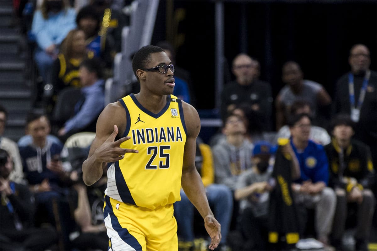 Indiana Pacers forward Jalen Smith (25) reacts after hitting a three-point shot against the Golden State Warriors during the second half at Chase Center.